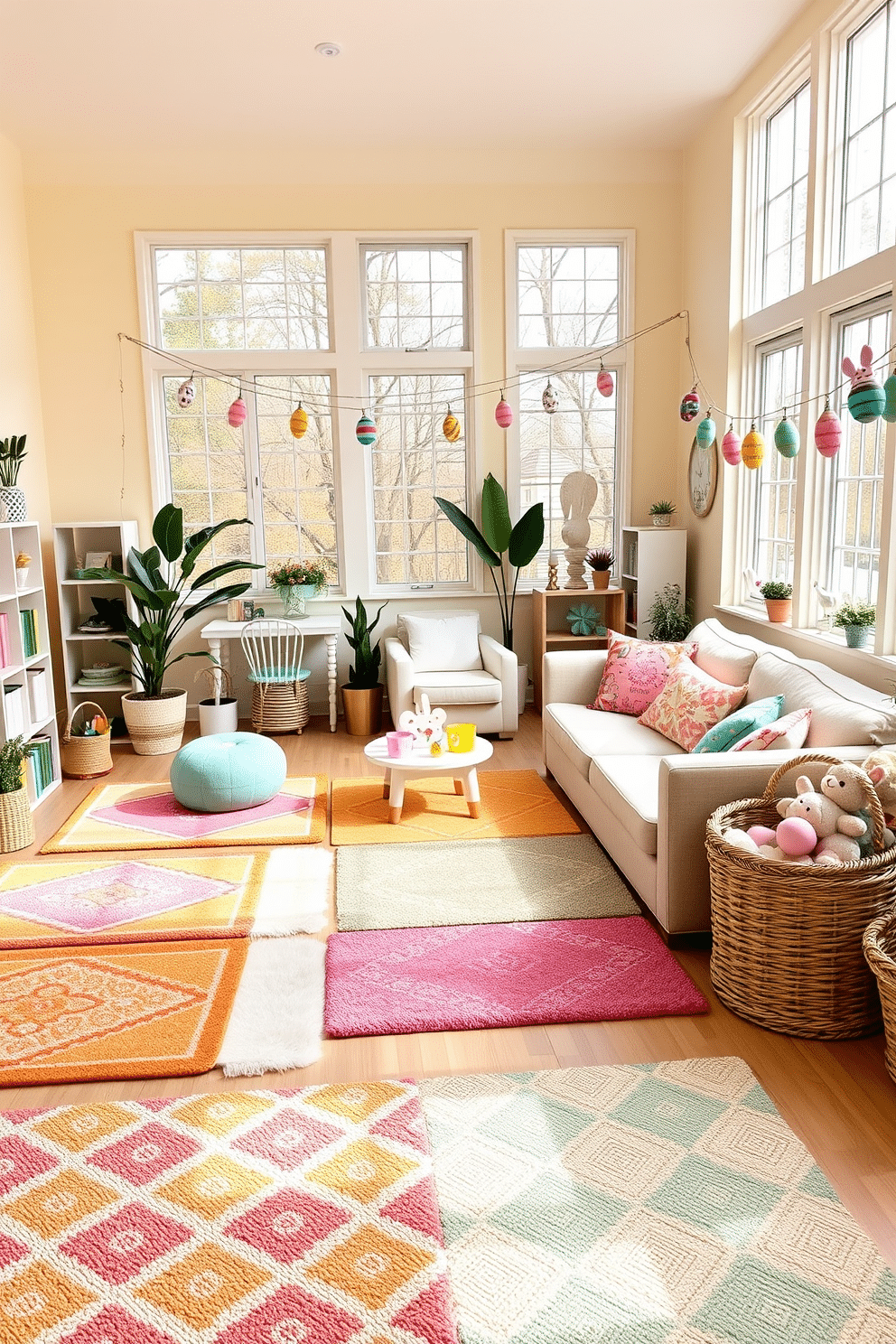 Brightly colored rugs for a cheerful vibe. A spacious living room with large windows letting in ample natural light. The floor is adorned with a variety of brightly colored rugs, each featuring different geometric patterns. The walls are painted in a soft white, allowing the vibrant hues of the rugs to stand out. Comfortable seating, including a mix of armchairs and a large sectional sofa, is arranged around a central coffee table. Potted plants are placed in corners, adding a touch of greenery to the cheerful atmosphere. Playroom Easter Decorating Ideas. A cozy playroom filled with natural light from large windows. The walls are painted in a pastel yellow, creating a warm and inviting space. In one corner, a small table is set up for arts and crafts, with Easter-themed decorations like bunny cutouts and colorful eggs. Soft, plush rugs in pastel shades cover the floor, providing a comfortable area for children to play. Shelves along one wall are stocked with toys and books, while a large basket filled with stuffed animals sits in another corner. The room is decorated with garlands of Easter eggs and bunnies, adding a festive touch.