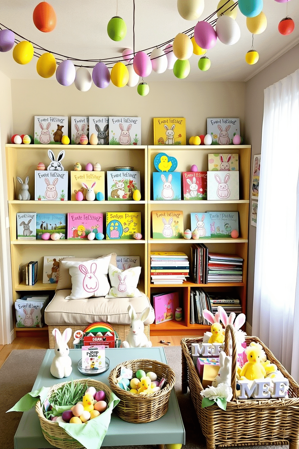 Easter-themed books displayed on shelves. The shelves are painted in pastel colors, and each book cover features vibrant Easter imagery such as bunnies, eggs, and spring flowers. Between the books, small decorative Easter eggs and miniature bunny figurines are scattered, adding a whimsical touch. A garland of colorful paper eggs drapes across the top of the shelves, completing the festive look. Playroom Easter Decorating Ideas. The playroom is adorned with colorful Easter decorations, including paper egg garlands hanging from the ceiling and bunny-shaped pillows on the seating area. A large, central table is covered with crafting supplies for making Easter-themed art, such as pastel-colored construction paper, glue, and glitter. On the walls, children's drawings of Easter scenes are displayed, and a basket filled with plush Easter bunnies and chicks sits in one corner, inviting play.