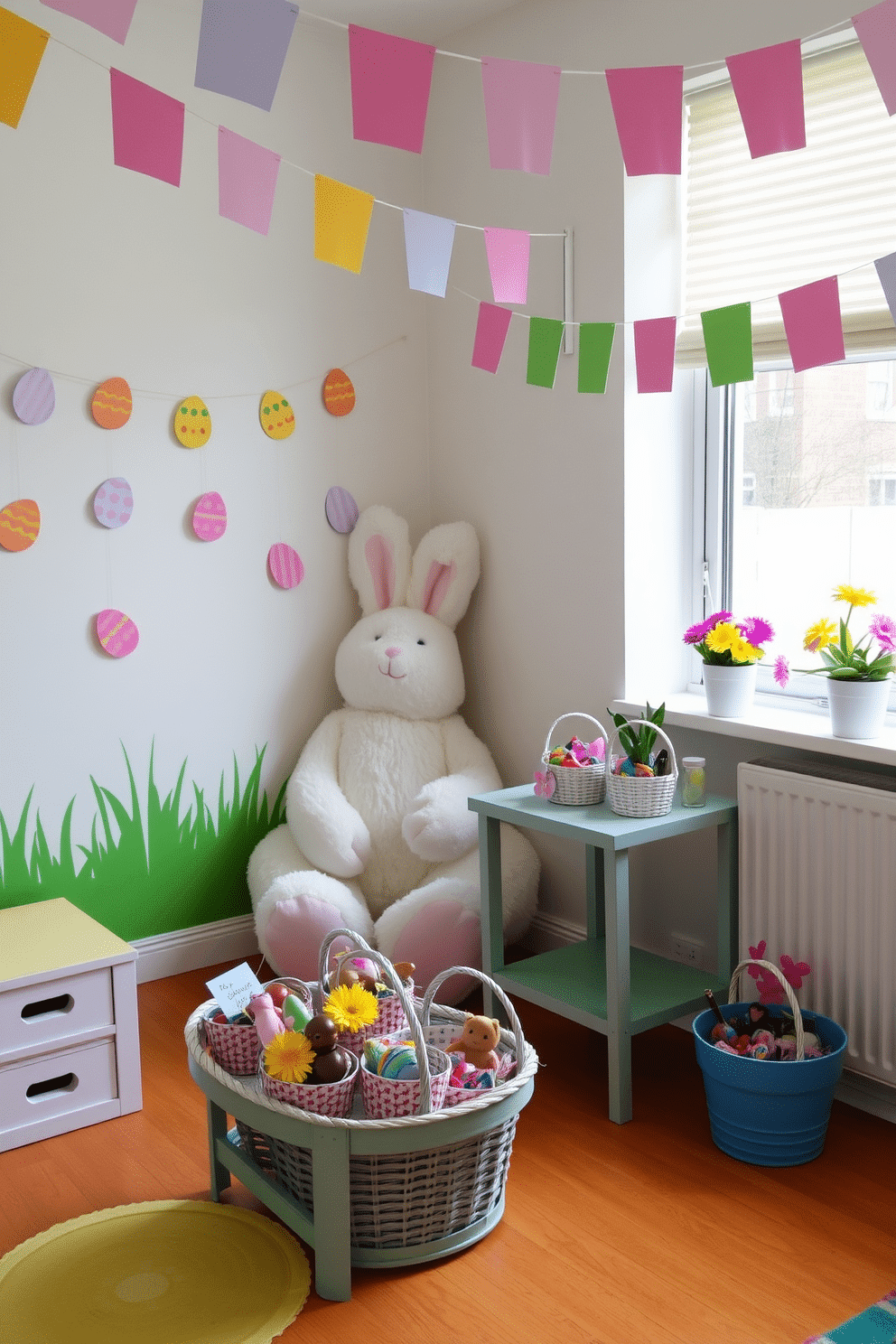 A bright and cheerful playroom decorated for Easter. There are pastel-colored banners hanging from the ceiling, and a large, plush bunny sits in the corner. The walls are adorned with hand-painted Easter eggs, and a small table is set up with baskets filled with chocolate eggs and toys. Potted spring flowers in vibrant hues are placed on the windowsill, adding a fresh and lively touch to the room.