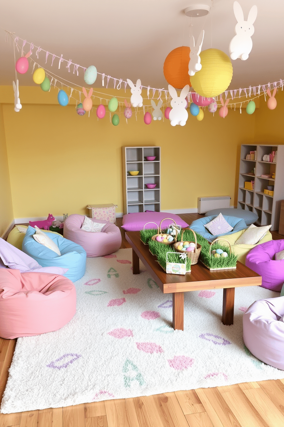 A cozy playroom filled with pastel-colored bean bags arranged in a semi-circle for comfortable seating. The walls are painted in a soft yellow, and a plush rug with playful patterns covers the wooden floor, creating a warm and inviting space for children to relax and play. Easter-themed decorations bring a festive spirit to the playroom, with colorful paper eggs and bunny garlands hanging from the ceiling. A large wooden table in the center is adorned with pastel-colored tablecloths and baskets filled with faux grass and chocolate eggs, ready for an exciting Easter egg hunt.