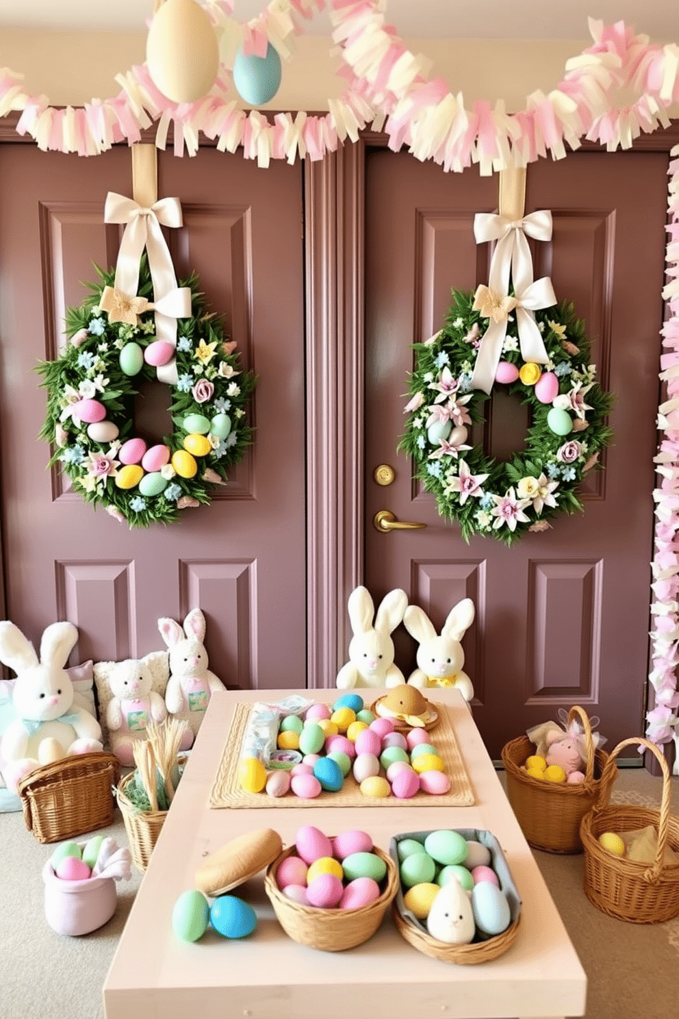 Decorative egg wreaths adorn the front doors, each featuring a vibrant mix of pastel-colored eggs, delicate spring flowers, and lush greenery. The wreaths are accented with satin ribbons that match the door color, creating a welcoming and festive entrance. In the playroom, Easter decorations include a whimsical display of bunny-themed cushions and pastel-colored garlands hanging from the ceiling. A central table is set with a variety of egg-painting supplies, surrounded by adorable plush toys and baskets filled with colorful faux eggs.