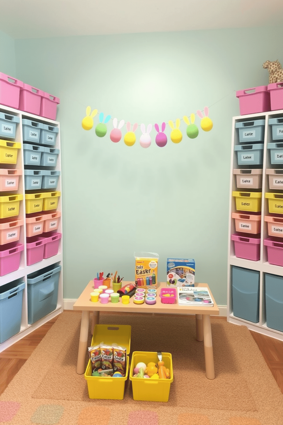 A bright and cheerful playroom designed for Easter celebrations. The walls are adorned with pastel-colored storage bins in shades of pink, blue, and yellow, each labeled for easy organization of toys and crafts. In the center of the room, a low table is set up with Easter decorating supplies, including paint, brushes, and egg dye kits. Above the table, a garland of colorful paper eggs and bunnies hangs, adding a festive touch to the space.