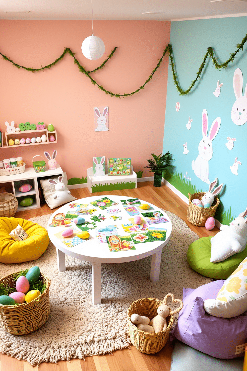 A vibrant playroom filled with Easter-themed puzzles for engaging fun. The room features a large table in the center, covered with colorful puzzles depicting Easter eggs, bunnies, and spring flowers. Bright pastel-colored walls adorned with bunny decals and Easter egg garlands add a festive touch. A cozy reading nook with a soft, plush rug and bean bags invites children to relax and enjoy Easter-themed storybooks. A cheerful playroom decorated with delightful Easter-themed elements. The walls are painted in soft pastel hues, with large bunny and egg decals adding a playful touch. A central play area features a small table set with Easter crafts, including egg painting kits and bunny ear headbands. Baskets filled with faux grass and decorative eggs are scattered around, while a corner is dedicated to a cozy seating area with plush cushions and Easter-themed throw pillows.