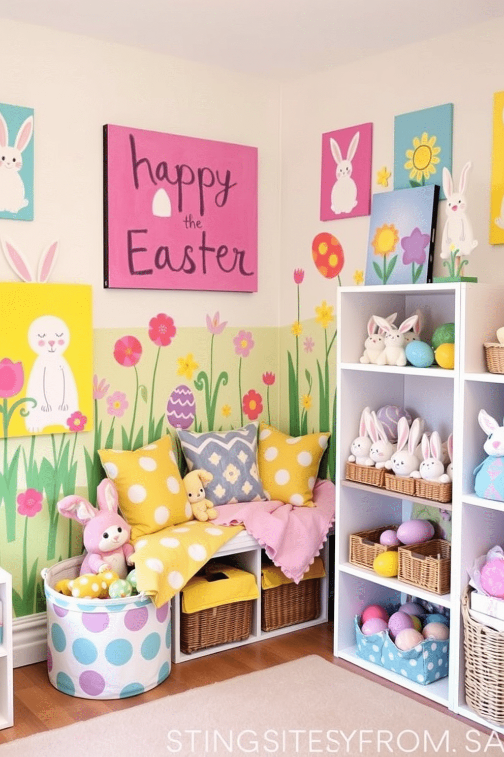 A lively playroom filled with creative wall art celebrating Easter. The walls display colorful paintings of Easter bunnies, decorated eggs, and spring flowers, bringing a festive and cheerful atmosphere to the space. In one corner, a cozy reading nook is adorned with Easter-themed cushions and blankets. Shelves nearby hold baskets filled with plush bunnies and egg-shaped toys, making the playroom a delightful retreat for children during the holiday season.