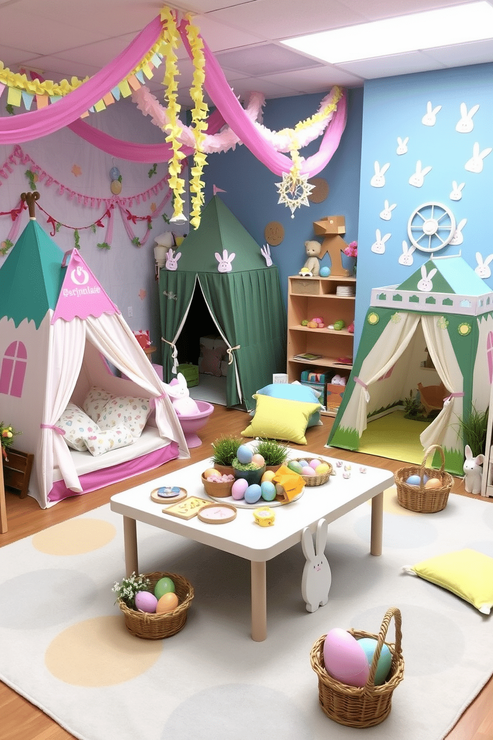 A vibrant playroom filled with themed play tents designed for imaginative play. Each tent is decorated to resemble different fantasy worlds, such as a medieval castle, an enchanted forest, and a space station, complete with matching props and accessories to enhance the experience. A cheerful playroom adorned with Easter decorations to celebrate the season. The room features pastel-colored garlands, bunny-shaped cushions, and egg-themed wall decals, while a large table in the center is set up for Easter crafts and activities, with baskets of colorful eggs and spring flowers scattered around.