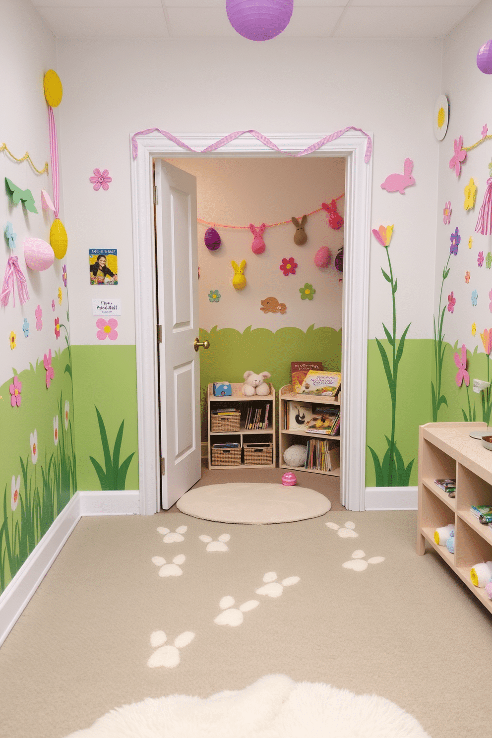 A whimsical playroom decorated for Easter. Bunny footprints lead from the doorway to various play areas, creating a sense of adventure and excitement. The walls are adorned with pastel-colored decorations, including paper eggs, bunnies, and spring flowers. A cozy reading nook features a soft rug and a small bookshelf filled with children's books about Easter.