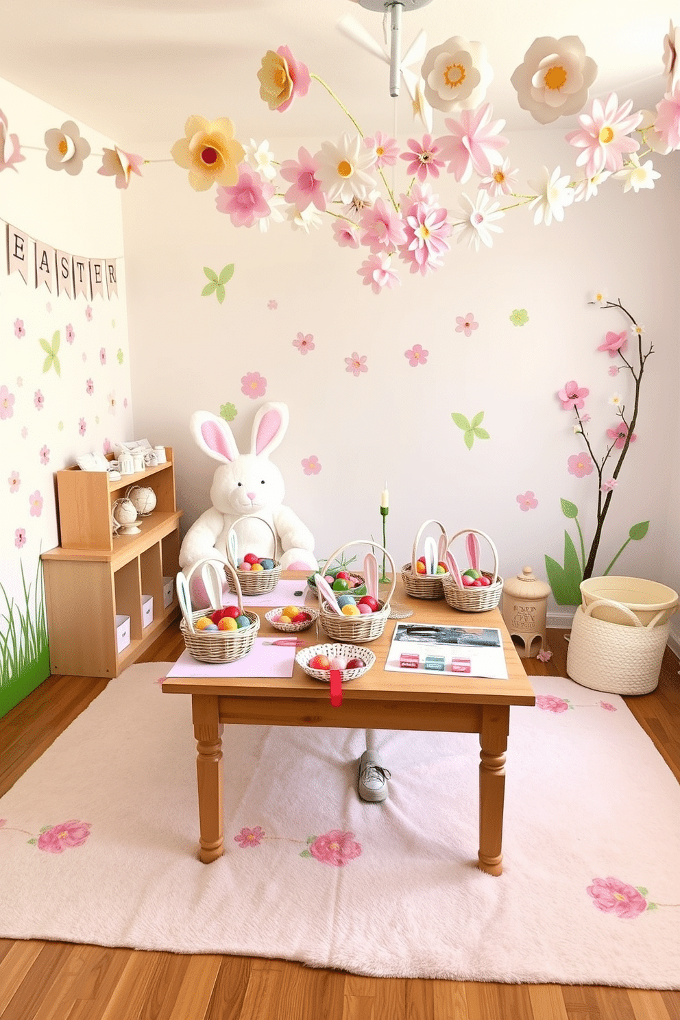 A whimsical playroom decorated for Easter. The walls are adorned with pastel-colored banners and bunny-themed wall decals, while a large, plush Easter bunny sits in the corner. A wooden table in the center of the room is set up for crafts, featuring baskets filled with colorful eggs, paint supplies, and bunny ear headbands. Soft, floral-patterned rugs cover the floor, and a garland of paper flowers hangs from the ceiling, adding a touch of springtime cheer.