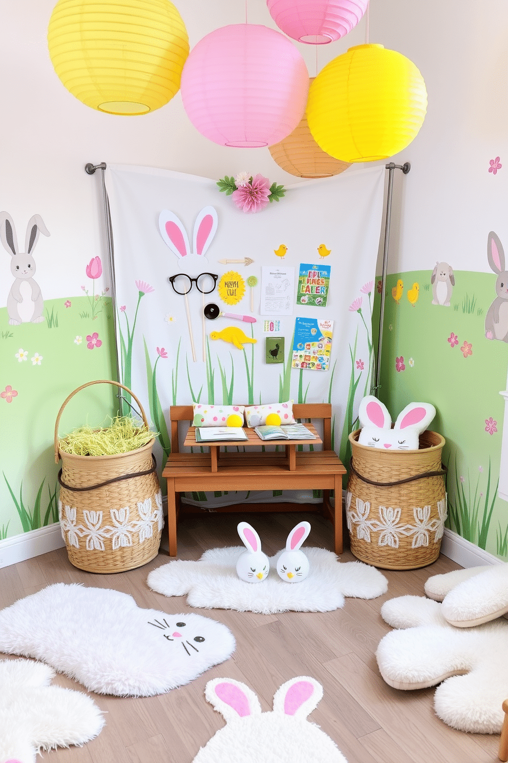 A DIY photo booth with Easter props. A pastel-colored backdrop with Easter-themed decorations like bunny ears, colorful eggs, and spring flowers. A wooden bench with a soft, floral cushion is placed in front of the backdrop. On either side of the bench, there are large baskets filled with faux grass and oversized Easter eggs. Playroom Easter decorating ideas. The walls are adorned with bright, cheerful murals of bunnies and chicks, and colorful paper lanterns hang from the ceiling. A small table in the center of the room is set up with Easter-themed crafts and coloring books. Around the room, there are soft, plush rugs in the shape of Easter eggs and a cozy reading nook with bunny-shaped pillows.