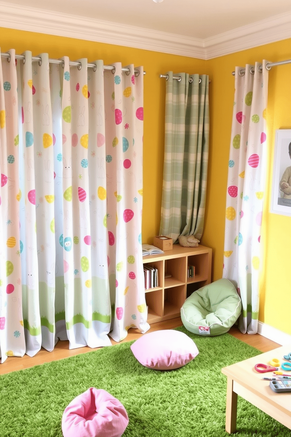 A vibrant playroom filled with colorful curtains adorned with cheerful Easter patterns. The curtains feature playful designs of bunnies, eggs, and spring flowers in pastel shades, creating a festive atmosphere. The walls are painted in a soft yellow hue, and the floor is covered with a plush green rug resembling fresh grass. A cozy reading nook with a small bookshelf and bean bags sits in one corner, while a low table with art supplies invites creativity.