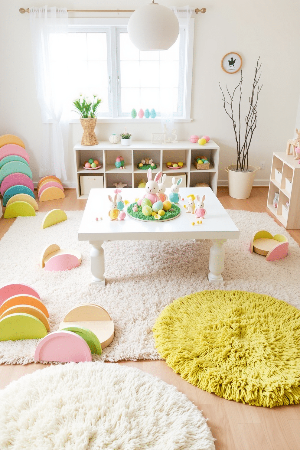 A vibrant playroom designed for Easter festivities. Wooden semicircles for stacking are scattered around, painted in pastel colors to match the holiday theme. A large white table in the center is adorned with Easter decorations, including colorful eggs and bunny figurines. Soft, plush rugs in spring hues cover the floor, creating a cozy and inviting space for children to play.