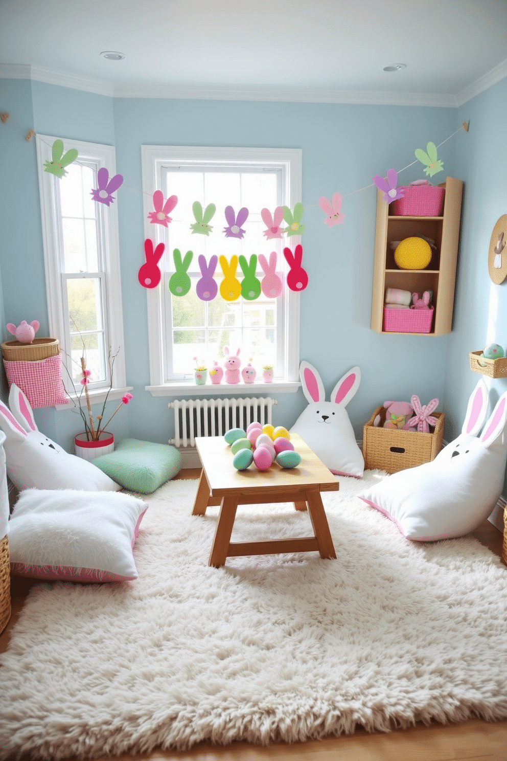 A whimsical playroom adorned with bunny-shaped cushions for playful touches. The walls are painted in a soft pastel blue, and a large, fluffy rug covers the floor, creating a cozy space for children to play. Easter decorating ideas fill the room with vibrant colors and festive cheer. A wooden table is set with pastel-colored Easter eggs, and a garland of paper bunnies hangs across the window, enhancing the joyful atmosphere.