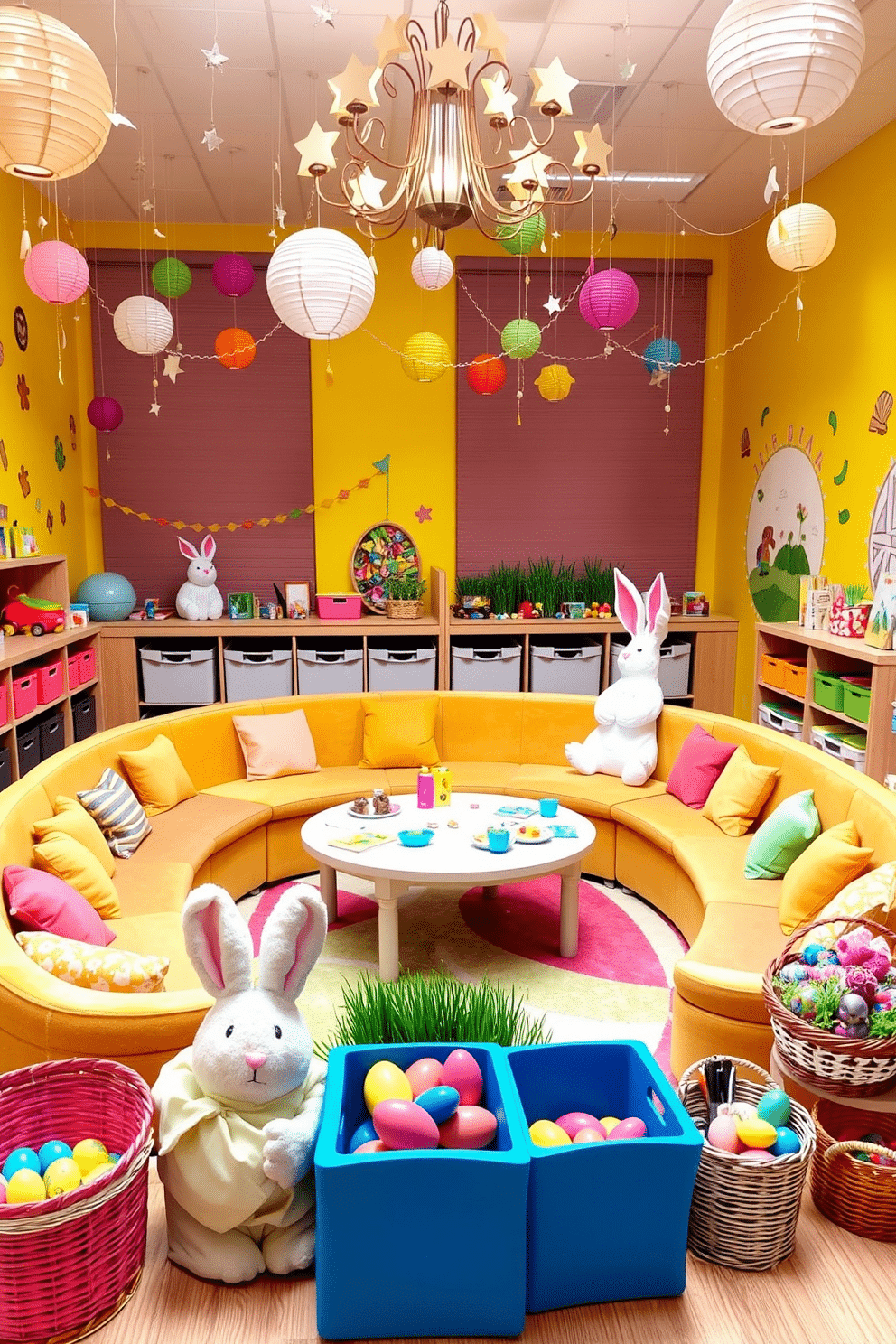 A vibrant playroom designed for group activities. The room features a large, circular couch with colorful cushions arranged in a semi-circle, facing a central activity table. The walls are painted in a cheerful yellow, adorned with playful decals of animals and shapes. The floor is covered with a soft, multicolored rug, and storage bins filled with toys and games are neatly organized along one wall. Overhead, a whimsical chandelier with hanging stars illuminates the space, creating a fun and inviting atmosphere for children. An enchanting playroom decorated for Easter celebrations. The room is filled with pastel-colored decorations, including paper lanterns, bunny figurines, and Easter egg garlands hanging from the ceiling. A small table in the center is set up for crafts, with supplies like colored paper, glue, and markers neatly arranged. The walls are adorned with hand-painted murals of springtime scenes, and a cozy reading nook in one corner features a plush bunny-shaped chair and a basket of Easter-themed books. Brightly colored baskets filled with faux grass and chocolate eggs are placed around the room, adding to the festive ambiance.