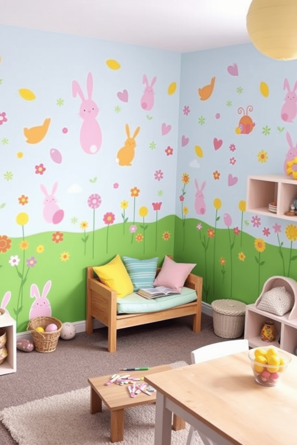 An inviting playroom filled with Easter-themed wall decals. Brightly colored bunnies, eggs, and flowers adorn the walls, creating a vibrant and playful atmosphere. A cozy reading nook with pastel-colored cushions sits in one corner, surrounded by cheerful Easter decorations. A small wooden table is set up with crafting supplies, encouraging creativity and fun.