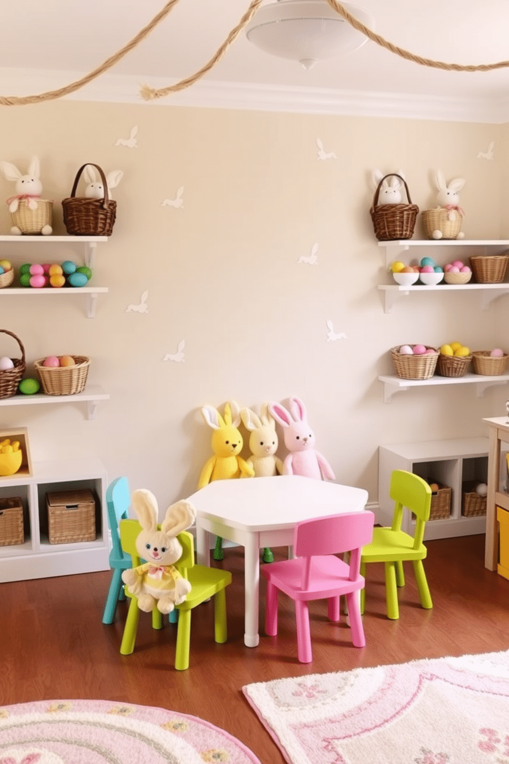 A charming playroom adorned with Easter decorations. Decorative baskets filled with faux eggs are placed on low shelves, adding a festive touch. The walls are painted in pastel shades, with bunny decals scattered playfully. In the center of the room, a small table is set up for crafts, surrounded by colorful chairs. Plush toys shaped like Easter bunnies and chicks are arranged neatly in one corner. Soft, patterned rugs cover the floor, creating a cozy space for children to play.