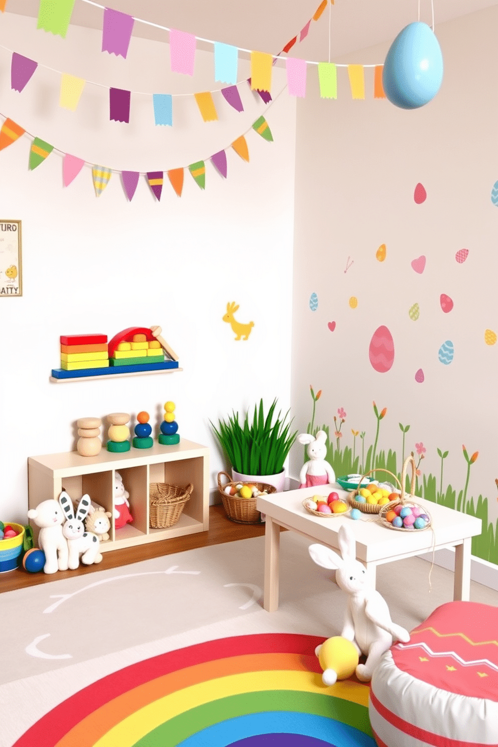 A vibrant playroom designed for fun and learning. The room features rainbow stackers made of wood, arranged neatly on a low shelf. Brightly colored wall decals of animals and shapes adorn the walls, encouraging creativity and play. A soft play mat with a rainbow pattern covers the floor, providing a comfortable space for children to sit and play. A charming Easter-themed playroom setup. The room is decorated with pastel-colored bunting hanging from the ceiling and Easter egg decals on the walls. A small table is set up with baskets filled with colorful plastic eggs and crafting supplies for children to enjoy. Plush bunnies and chicks are scattered around the room, adding to the festive atmosphere.