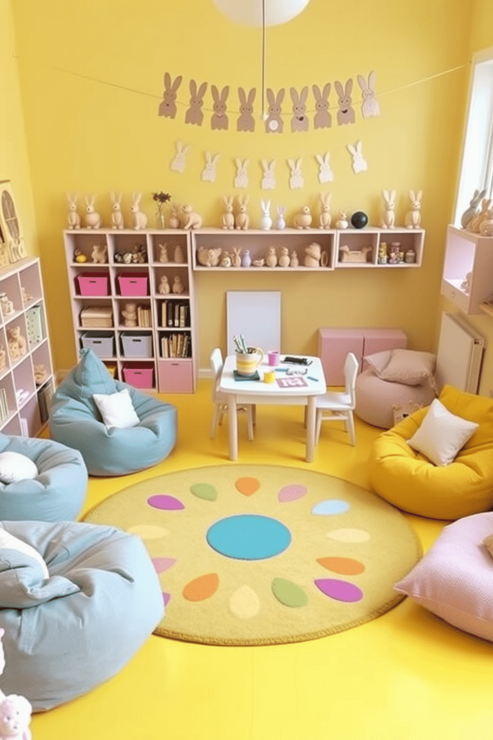 A vibrant playroom filled with Easter cheer. Wooden bunny figurines are scattered throughout the space, adding playful accents on shelves, tables, and window sills. The walls are painted in a soft pastel yellow, creating a warm and inviting atmosphere. In the center of the room, a large, round rug with a colorful Easter egg pattern anchors the space, surrounded by cozy bean bags and plush seating. A small craft table is set up with Easter-themed art supplies, encouraging creativity and fun. Above the table, a string of paper bunny garlands hangs, completing the festive look.