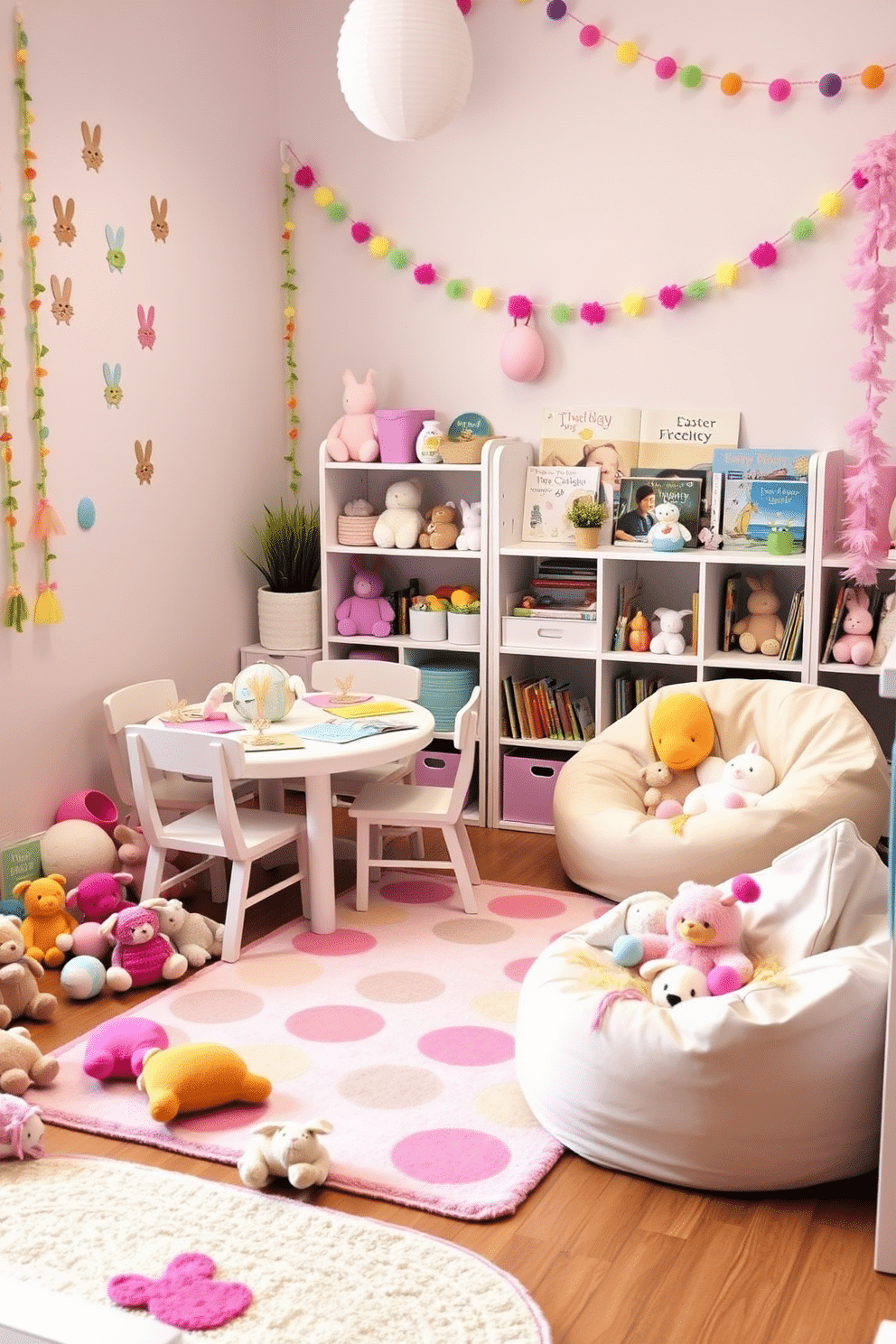 A vibrant playroom filled with Easter-themed plush toys scattered around. In one corner, a pastel-colored rug anchors the space, while a small white table with matching chairs sits nearby, adorned with Easter crafts and decorations. On the walls, cheerful bunny decals and colorful egg-shaped garlands add a festive touch. A cozy reading nook features a soft bean bag chair surrounded by shelves filled with storybooks and more plush bunnies, creating a playful and inviting atmosphere.