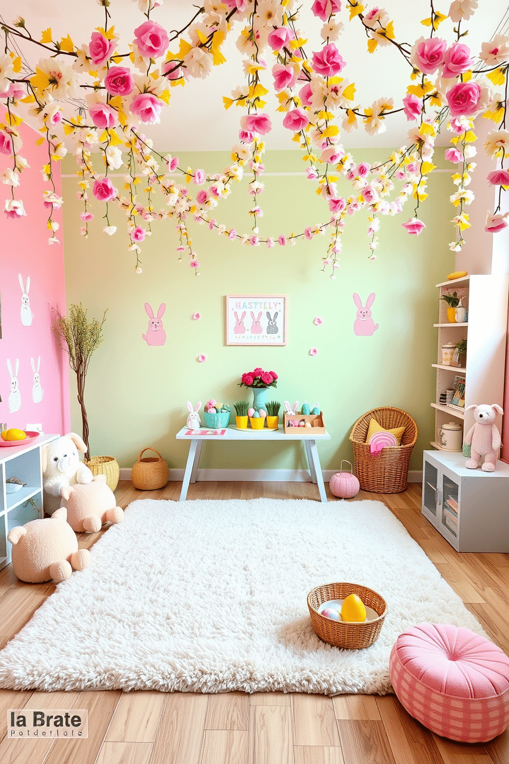 A lively playroom filled with the joy of Easter. Bright pastel-colored walls adorned with playful bunny decals set a cheerful tone, while a large, soft rug in the center of the room provides a cozy play area. A small table is decorated with Easter-themed crafts and colorful baskets filled with eggs. Plush toys and stuffed animals are scattered around, adding to the festive atmosphere. Flower garlands for a springtime feel. Delicate strings of blossoms in shades of pink, yellow, and white hang gracefully from the ceiling, creating a whimsical canopy. These floral arrangements bring a touch of nature indoors, enhancing the room's fresh and airy ambiance.