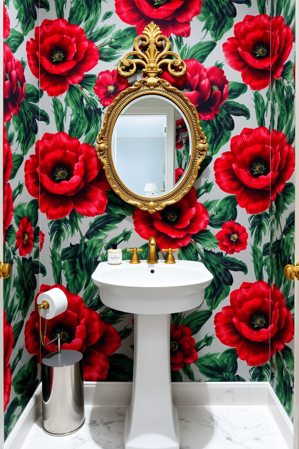 A chic powder room adorned with bold floral wallpaper that creates a dramatic focal point. The wallpaper features large, vibrant blooms in shades of deep red and lush green, contrasting beautifully with the sleek, white fixtures. In the center, a modern pedestal sink is complemented by a stylish gold faucet. A round mirror with an ornate gold frame hangs above the sink, reflecting the lively patterns of the wallpaper.