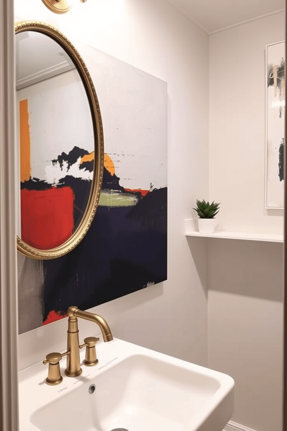 A chic powder room featuring artistic wall art that reflects personal style. The walls are adorned with a large abstract painting in vibrant colors, complemented by a sleek, modern sink with a brushed gold faucet. The space includes a stylish mirror with an ornate frame, enhancing the artistic vibe. A small potted plant sits on a minimalist shelf, adding a touch of greenery to the sophisticated atmosphere.