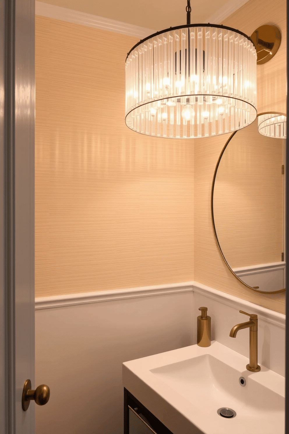 A striking statement lighting fixture hangs from the ceiling, casting a warm glow over the elegantly designed powder room. The walls are adorned with a soft, textured wallpaper, complementing the sleek, modern sink and chic brass accents throughout the space.