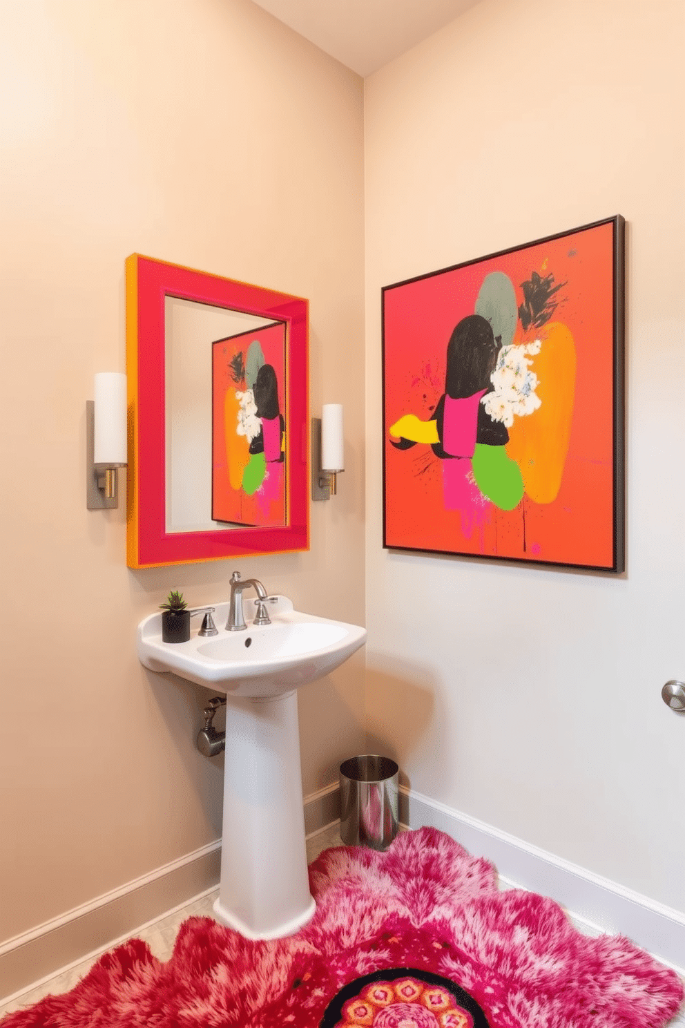 A chic powder room featuring soft beige walls that create a calming backdrop. A sleek white pedestal sink is complemented by a vibrant, oversized mirror with a bold, colorful frame. The space is accessorized with striking artwork that incorporates splashes of bright colors, adding personality to the room. A plush, patterned rug in vibrant hues lies beneath the sink, enhancing the overall aesthetic while providing comfort underfoot.