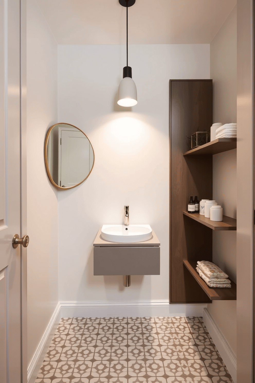 A stylish powder room featuring compact furniture designed to maximize space. The walls are painted a soft pastel color, and a sleek floating vanity with a small sink is mounted above a chic patterned tile floor. In one corner, a round mirror with a minimalist frame reflects the light from a modern pendant fixture above. A narrow shelving unit holds neatly arranged toiletries and decorative items, enhancing both functionality and aesthetic appeal.