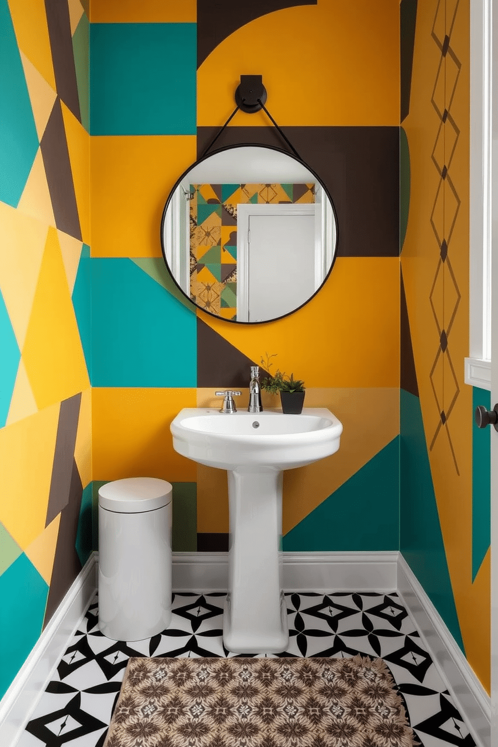 A stylish powder room featuring bold geometric patterns on the walls, incorporating a mix of vibrant colors like teal and mustard yellow. The floor is adorned with a striking black and white geometric tile, creating a contemporary contrast with the playful wall design. A sleek pedestal sink with a chrome faucet is centered against the patterned backdrop, complemented by a round mirror with a thin black frame above it. Accents of greenery are added with a small potted plant on the sink, while a chic geometric rug lies beneath, enhancing the modern aesthetic.