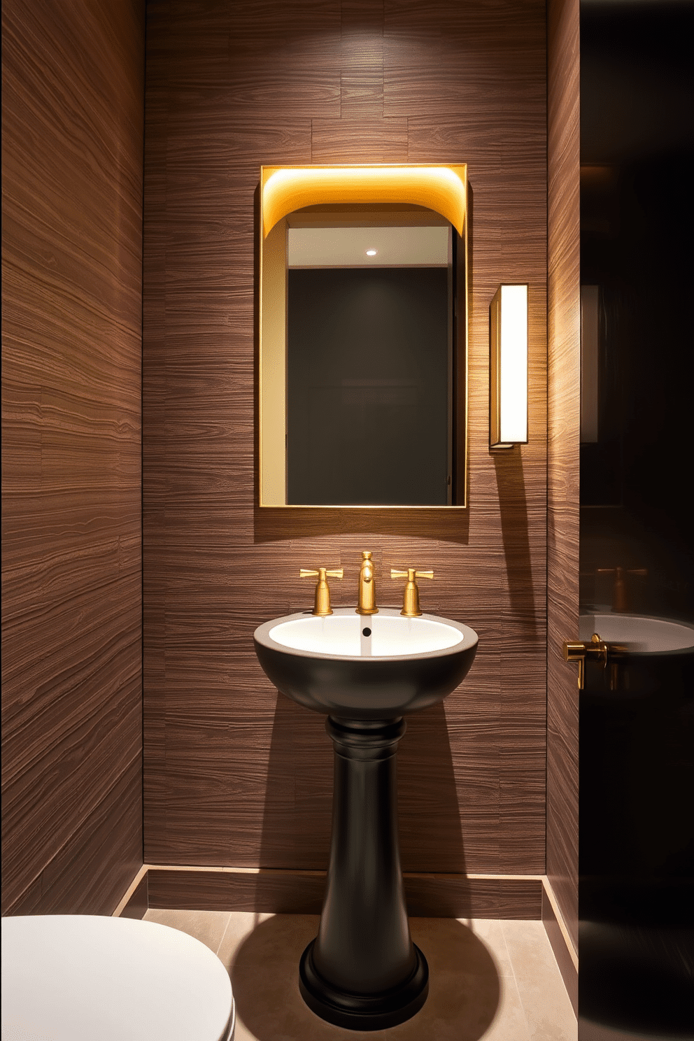 Textured wall panels create a striking focal point in the powder room, enhancing the sense of depth and sophistication. The panels can be finished in a rich, dark wood or a sleek, modern material, adding visual interest to the space. A stylish pedestal sink is complemented by elegant brass fixtures, providing a classic yet contemporary look. Soft, ambient lighting highlights the textures of the wall panels, creating a warm and inviting atmosphere.