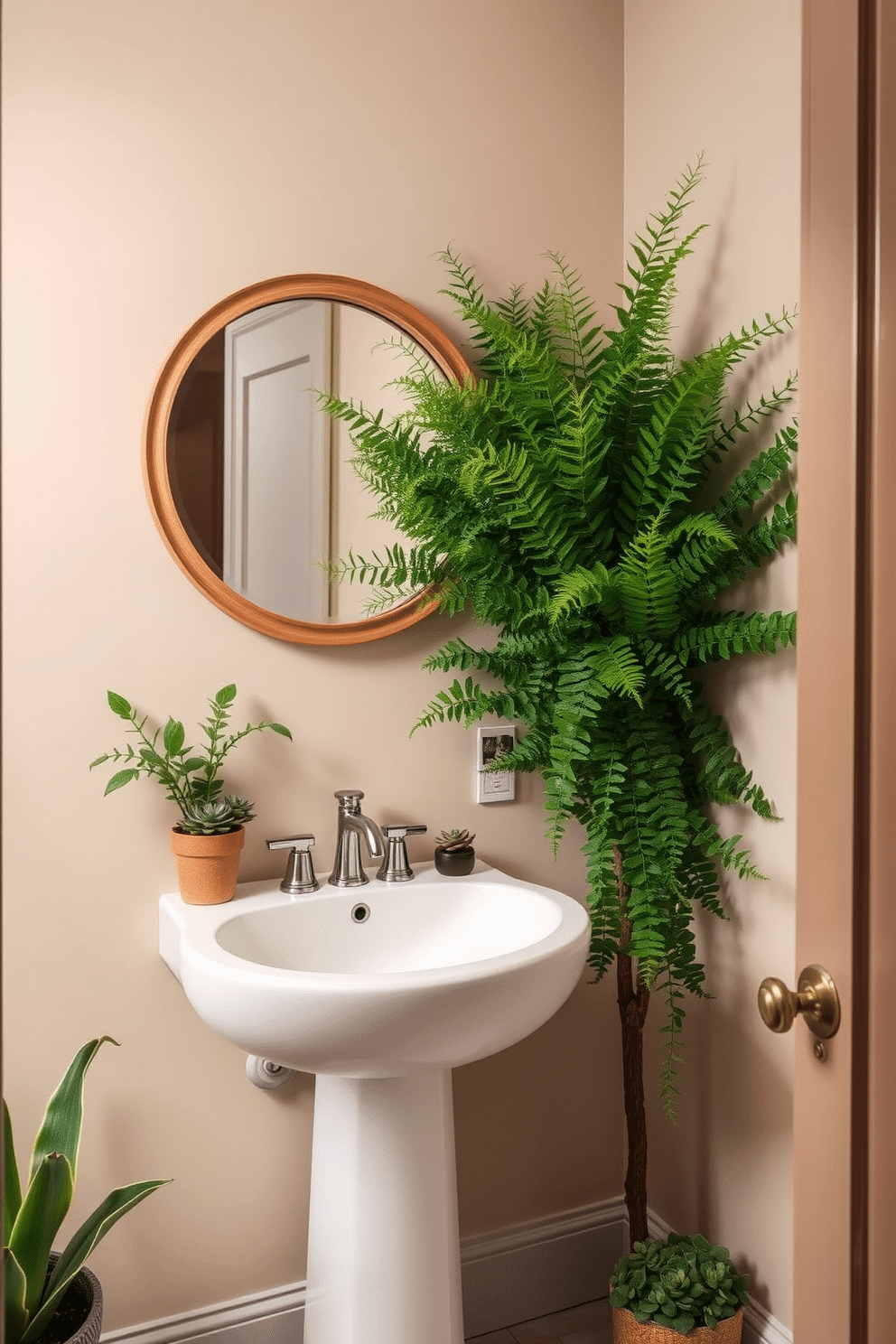 A chic powder room featuring lush greenery, with a large potted fern in one corner and smaller succulents adorning the countertop. The walls are painted in a soft beige, complemented by a sleek white pedestal sink and a round mirror framed in natural wood.