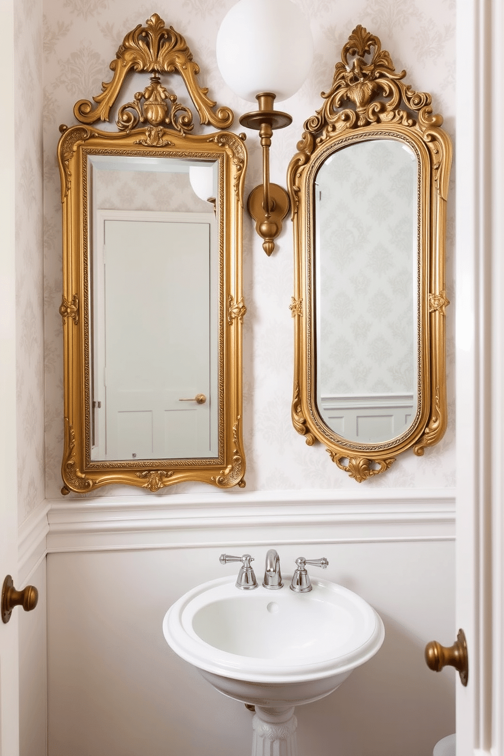 A chic powder room featuring vintage mirrors that enhance the space's character and elegance. The walls are adorned with a soft pastel wallpaper, and a pedestal sink with intricate detailing sits beneath the mirrors, reflecting the room's charm.