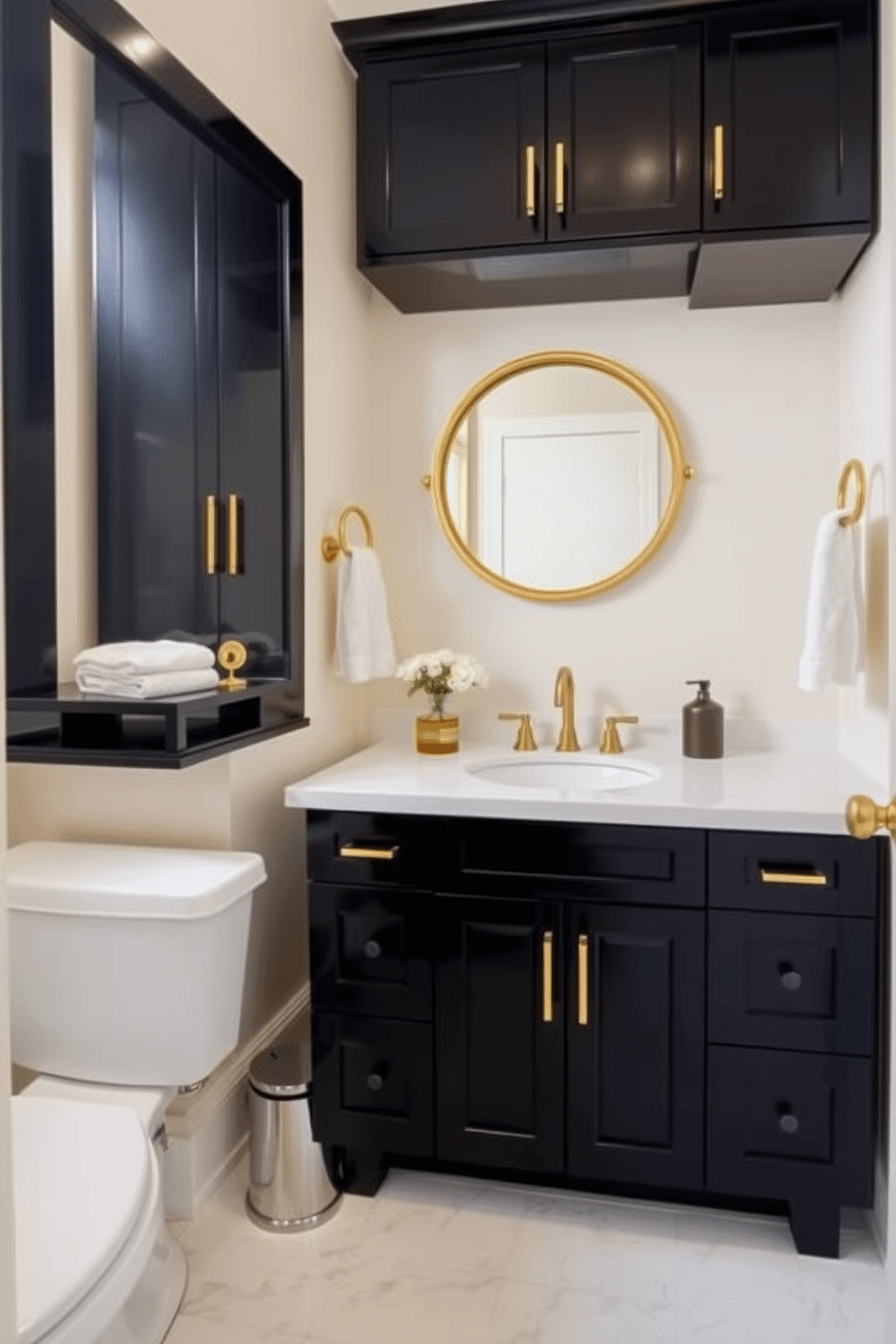 A chic powder room featuring sleek black cabinetry adorned with elegant gold fixtures. The cabinetry is complemented by a stylish white countertop and a modern sink, creating a striking contrast against the dark cabinetry. The walls are painted in a soft cream tone, enhancing the room's brightness and sophistication. A large round mirror with a gold frame hangs above the sink, reflecting the luxurious elements of the space.