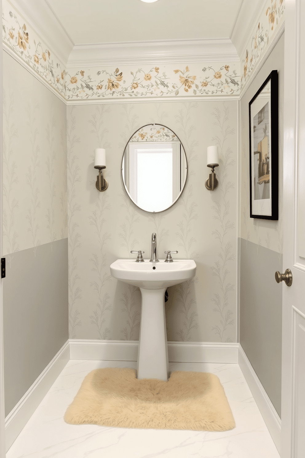 A charming powder room adorned with decorative wallpaper borders that add a touch of elegance without overwhelming the space. The wallpaper features a delicate floral pattern in soft pastel colors, complementing the light gray walls and creating a serene atmosphere. A sleek, modern sink with a polished chrome faucet is centered against the wallpapered wall, with a small, round mirror above it reflecting the intricate design. The floor is covered in white marble tiles, and a plush, cream-colored rug is placed in front of the sink for added comfort and warmth.