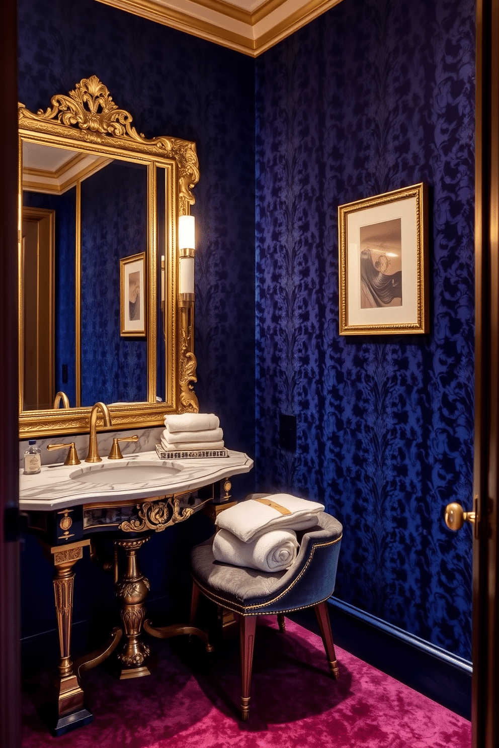 A luxurious powder room featuring rich, textured fabrics that create a plush atmosphere. The walls are adorned with deep velvet wallpaper in a royal blue, complemented by a gold-framed mirror that reflects elegant lighting. A chic, upholstered vanity chair sits beside a marble sink with intricate detailing. Soft, fluffy towels in a contrasting cream color are neatly arranged, enhancing the opulent feel of the space.