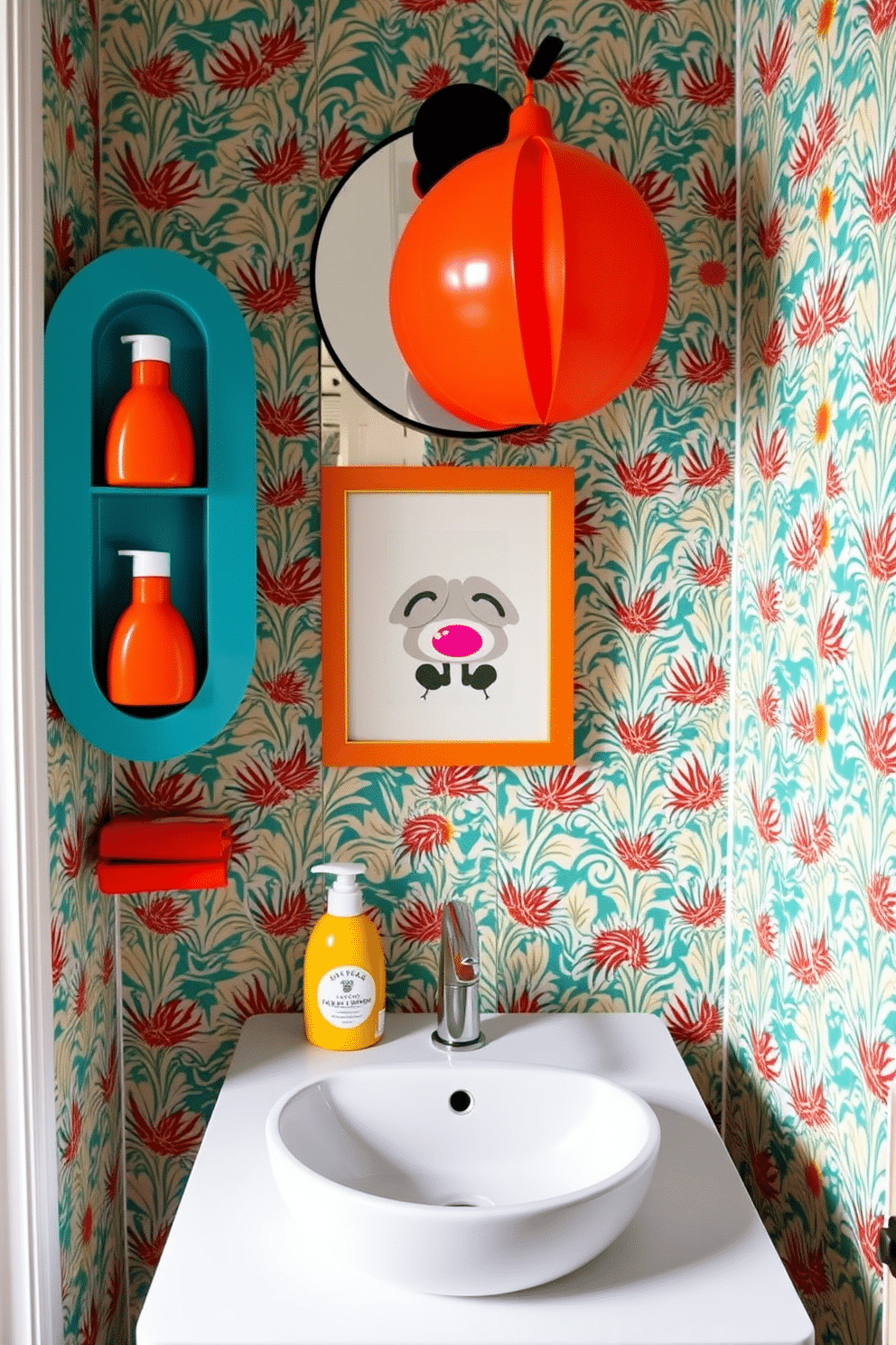 A whimsical powder room featuring playful accents such as quirky soap dispensers in fun shapes and colors. The walls are adorned with a vibrant wallpaper that showcases a lively pattern, complemented by a sleek, modern sink with a unique faucet design.