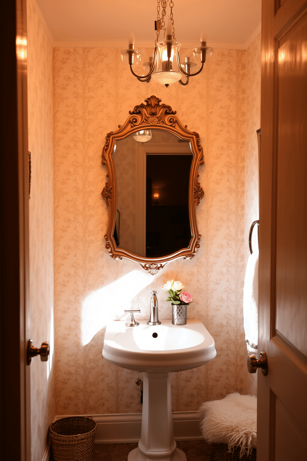 A cozy powder room bathed in soft, warm lighting creates an inviting atmosphere. The walls are adorned with a delicate wallpaper in soft pastels, complemented by a vintage-style mirror above a sleek pedestal sink. A small chandelier hangs from the ceiling, casting a gentle glow throughout the space. Decorative accents like a plush, patterned rug and fresh flowers add a touch of elegance and charm to the room.