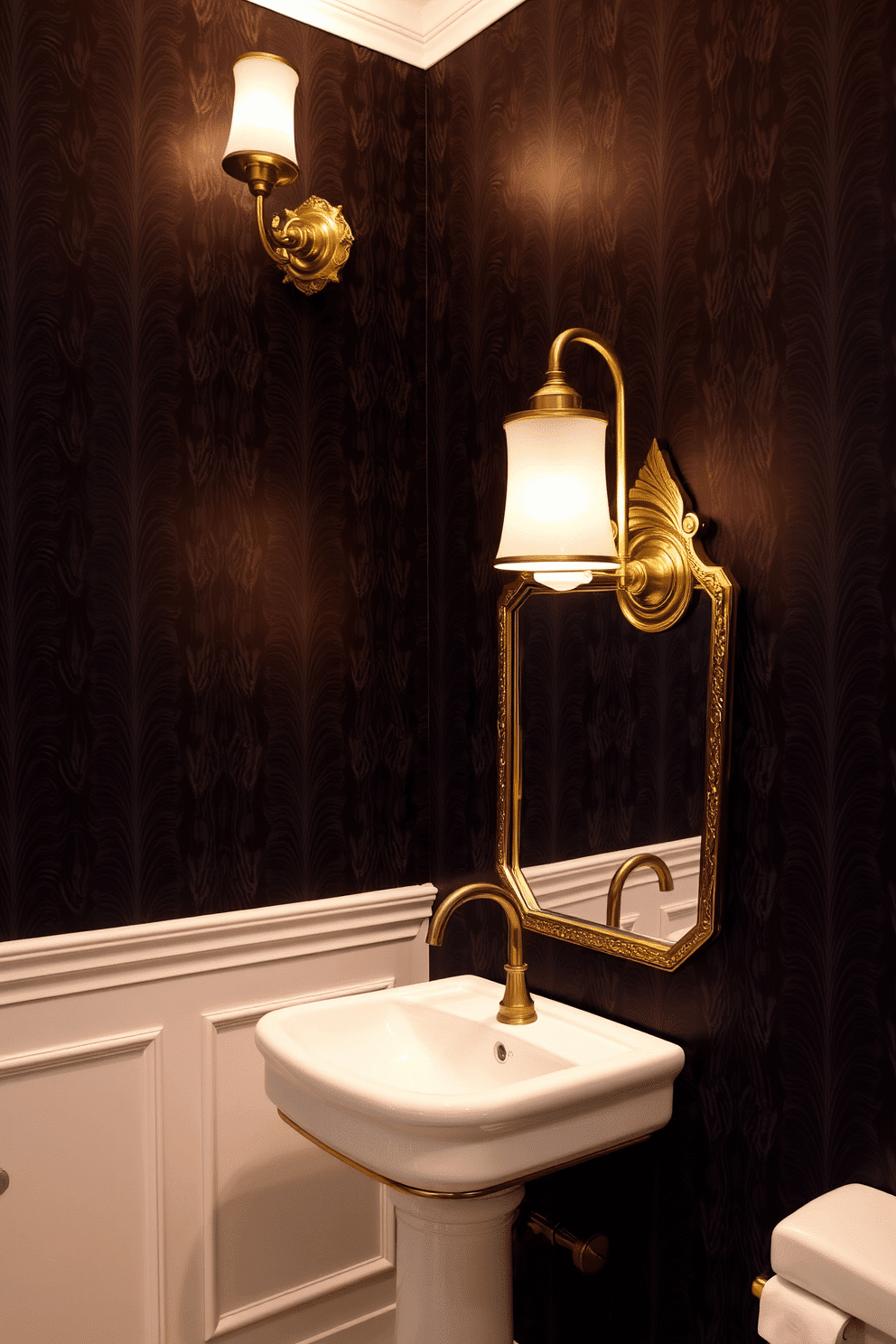 Elegant sconces for ambient lighting. The sconces feature intricate metalwork with a warm, brushed gold finish, casting a soft glow that enhances the overall atmosphere. In the powder room, the walls are adorned with a rich navy wallpaper that adds depth and sophistication. A sleek white pedestal sink is complemented by a vintage-style mirror, reflecting the warm light from the sconces.