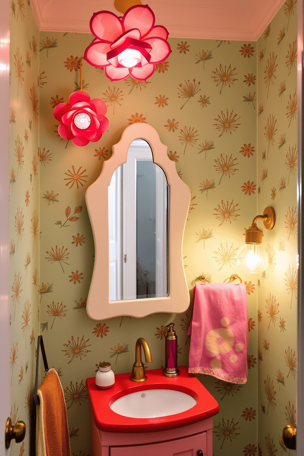 A whimsical powder room featuring playful fixtures that add a fun and vibrant touch. The walls are painted in a cheerful pastel color, adorned with quirky wallpaper patterns that reflect a sense of creativity and joy. A unique, oversized mirror with a whimsical frame hangs above a compact vanity with a colorful sink. Fun, eclectic lighting fixtures in the shape of flowers or stars illuminate the space, creating a warm and inviting atmosphere.