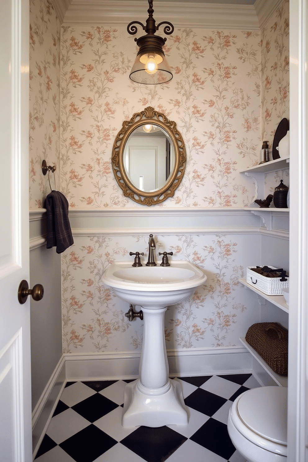 A vintage-inspired pedestal sink serves as the focal point of the powder room, exuding charm and elegance. Surrounding the sink, classic wallpaper with delicate floral patterns adds a touch of nostalgia, while a small round mirror with an ornate frame enhances the vintage aesthetic. The floor features black and white checkered tiles that contrast beautifully with the soft pastel color of the walls. A vintage-style light fixture hangs above, casting a warm glow that complements the antique accessories displayed on a nearby shelf.