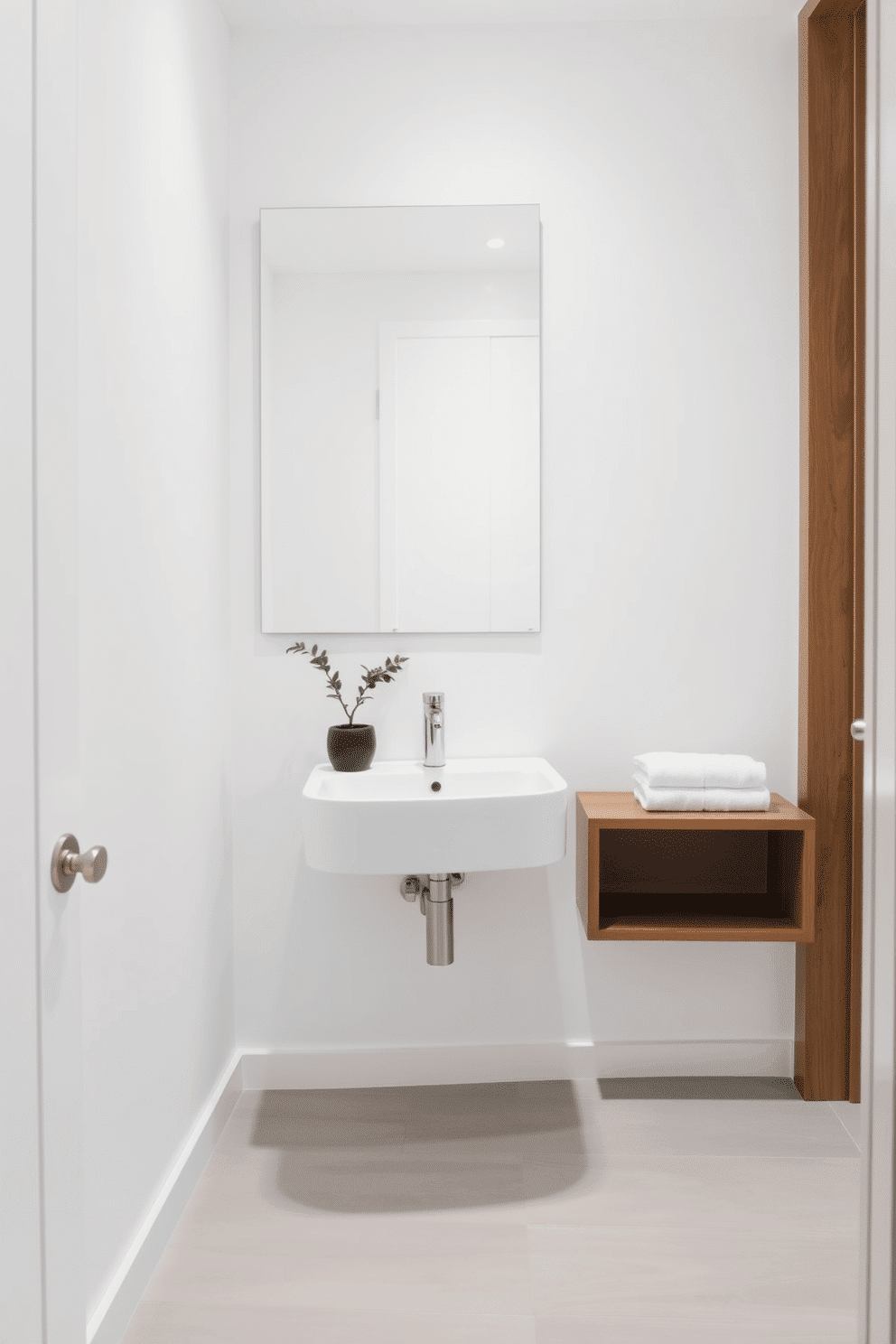 A minimalist powder room featuring a sleek, wall-mounted sink with a brushed nickel faucet. The walls are painted in a soft white, complemented by a large, frameless mirror that enhances the sense of space. The floor is adorned with light gray tiles, providing a subtle texture that contrasts with the smooth surfaces. A single potted plant adds a touch of greenery, while a simple wooden shelf displays neatly folded towels.