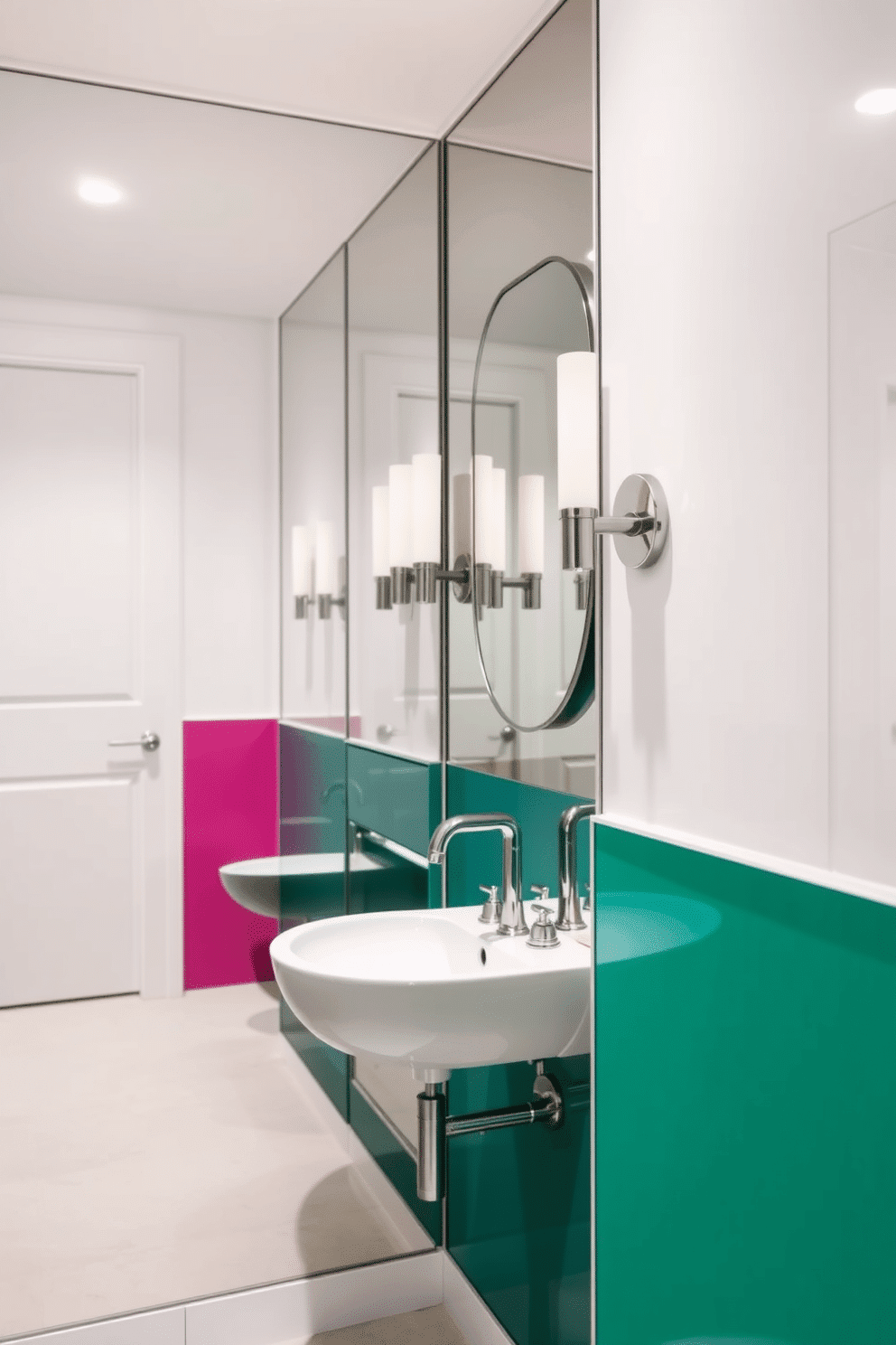 A chic powder room features mirrored walls that elegantly reflect light, creating a sense of spaciousness and sophistication. The space is adorned with a sleek pedestal sink and a stylish wall-mounted faucet, complemented by a vibrant accent color on the remaining walls.