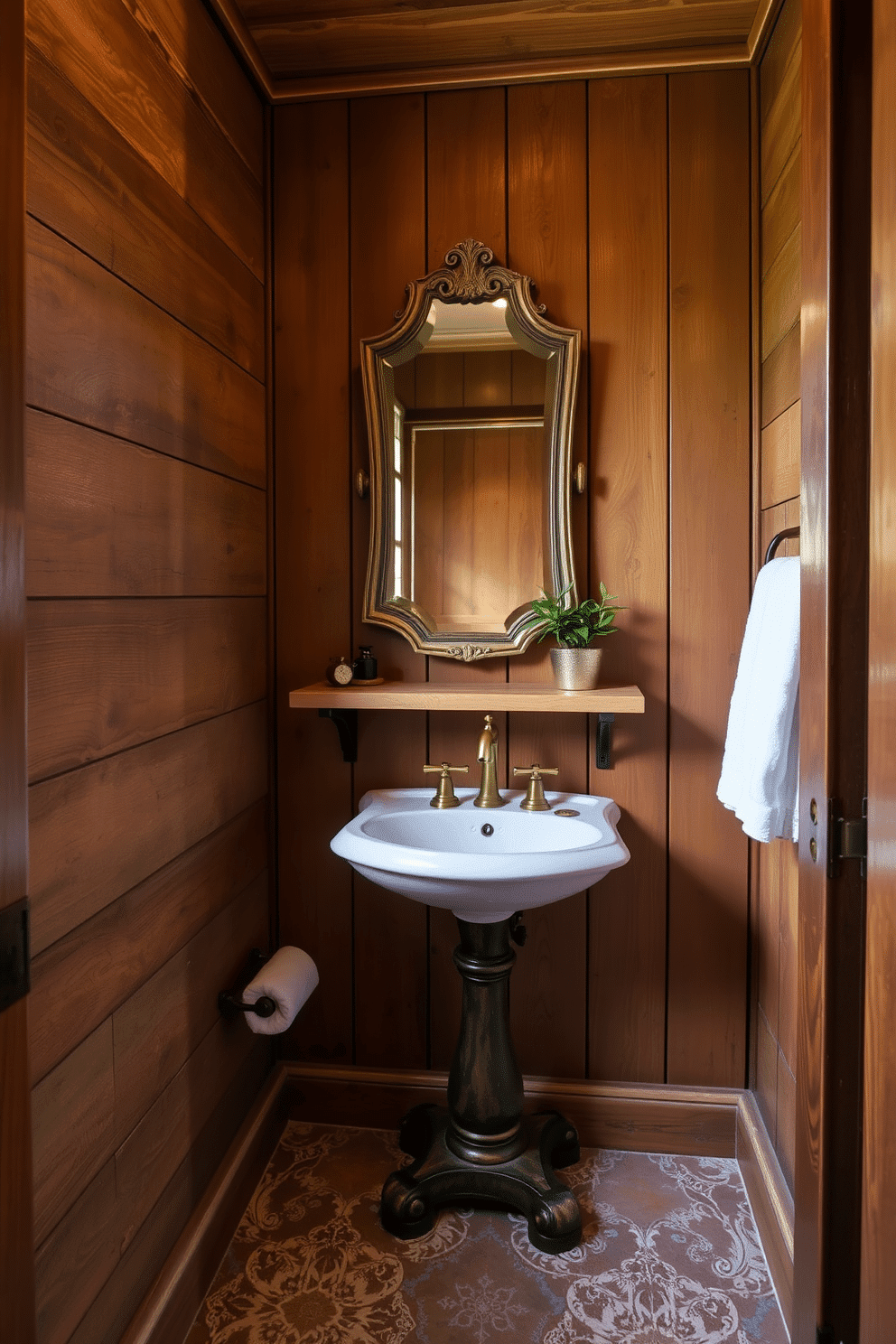 A charming powder room featuring rustic wood accents that create a warm and inviting atmosphere. The walls are adorned with reclaimed wood paneling, complemented by a vintage-style mirror and a small, elegant sink with a brushed brass faucet. A wooden shelf displays neatly folded towels and a small potted plant, adding a touch of greenery. The floor is covered with rustic, textured tiles that enhance the cozy feel of the space.