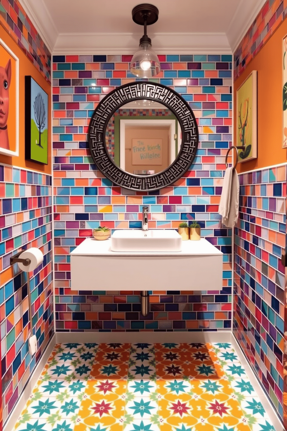 A playful powder room featuring bright colored tiles in a vibrant mosaic pattern that energizes the space. The walls are adorned with cheerful artwork, and a sleek, modern sink sits atop a floating vanity in a crisp white finish. The floor is lined with eye-catching patterned tiles that complement the colorful walls. A round mirror with a bold, decorative frame hangs above the vanity, reflecting the lively atmosphere of the room.