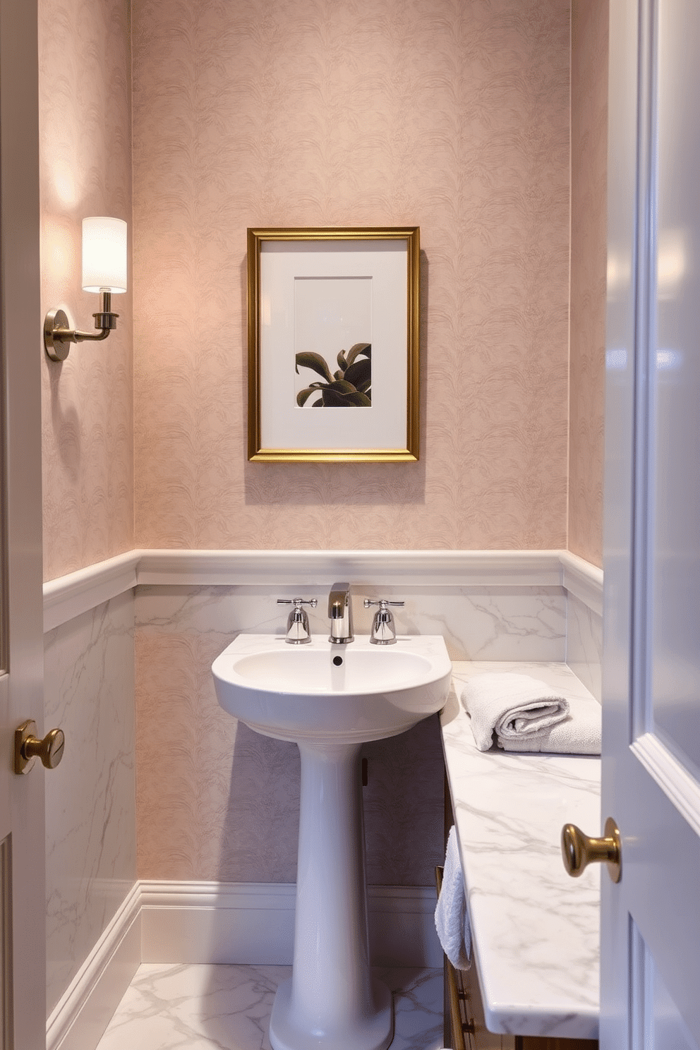 A chic powder room featuring elegant marble countertops that exude sophistication. The space includes a sleek pedestal sink and a stylish wall-mounted faucet, complemented by soft, ambient lighting. The walls are adorned with a delicate wallpaper pattern in muted tones, enhancing the room's elegance. A small framed artwork hangs above the sink, and a plush hand towel is neatly arranged for a touch of luxury.