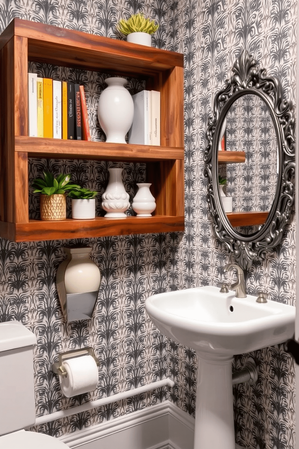 Chic floating shelves for stylish storage. The shelves are crafted from reclaimed wood, showcasing a rustic finish, and are adorned with a mix of decorative books, potted plants, and elegant ceramic vases. Powder Room Design Ideas. The space features a bold wallpaper with a geometric pattern, complemented by a sleek pedestal sink and a vintage-style mirror that adds a touch of charm.