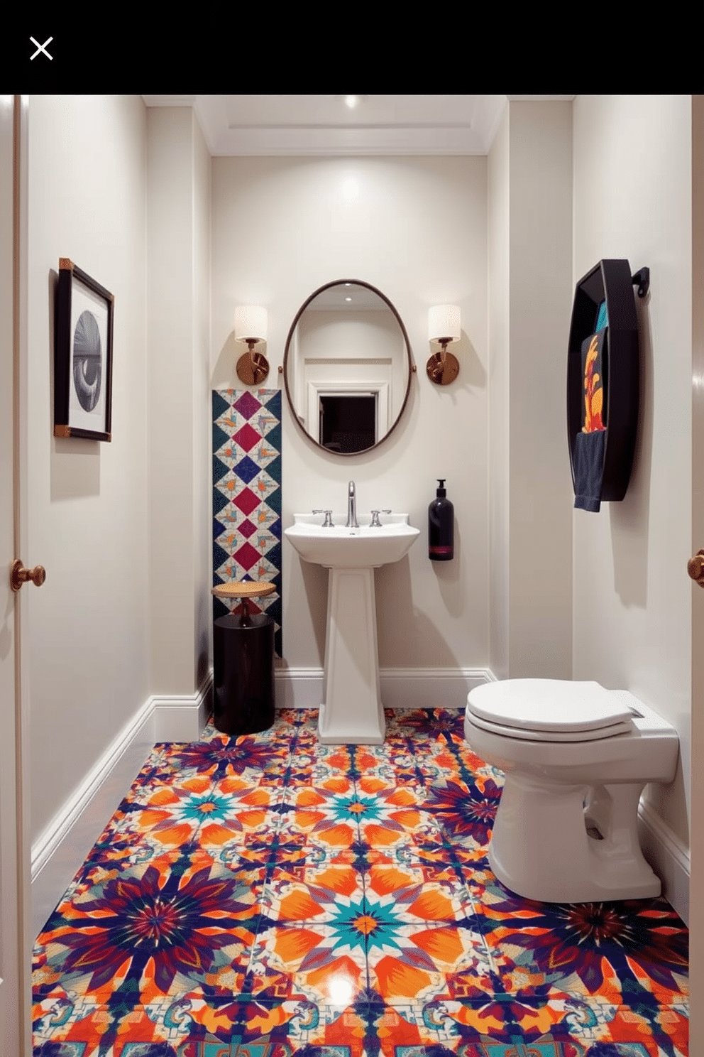 A striking powder room featuring a floor adorned with bold geometric mosaic tile patterns that create a captivating visual impact. The tiles combine vibrant colors and intricate shapes, drawing the eye and enhancing the overall elegance of the space. The walls are painted in a soft neutral tone to balance the dynamic floor design, while a sleek pedestal sink complements the modern aesthetic. Accents such as a stylish mirror and tasteful lighting fixtures complete the inviting atmosphere of this chic powder room.