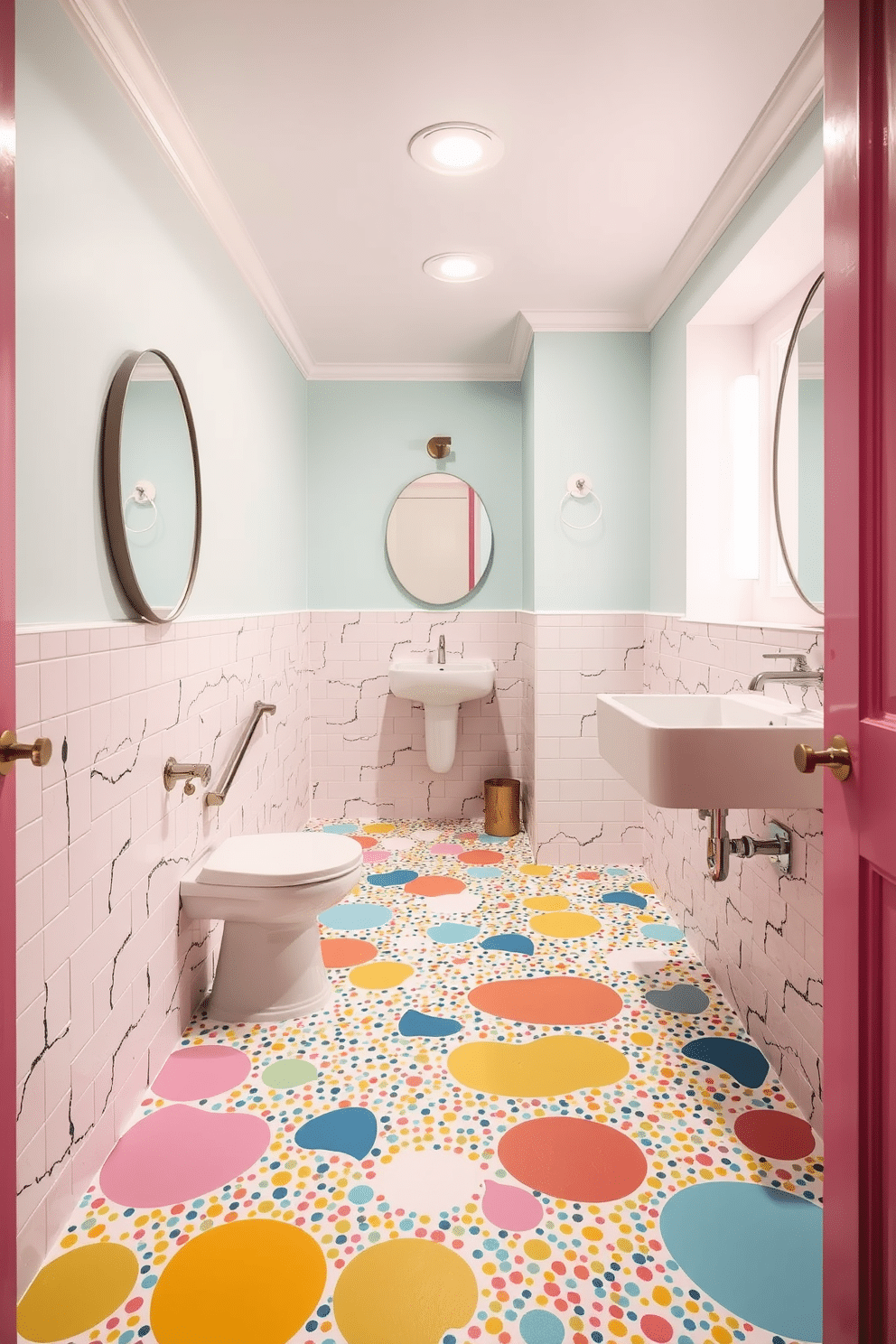 A vibrant powder room featuring colorful terrazzo tiles that create a playful and lively atmosphere. The walls are adorned with soft pastel shades, complementing the dynamic patterns of the floor tiles while enhancing the sense of fun in the space.