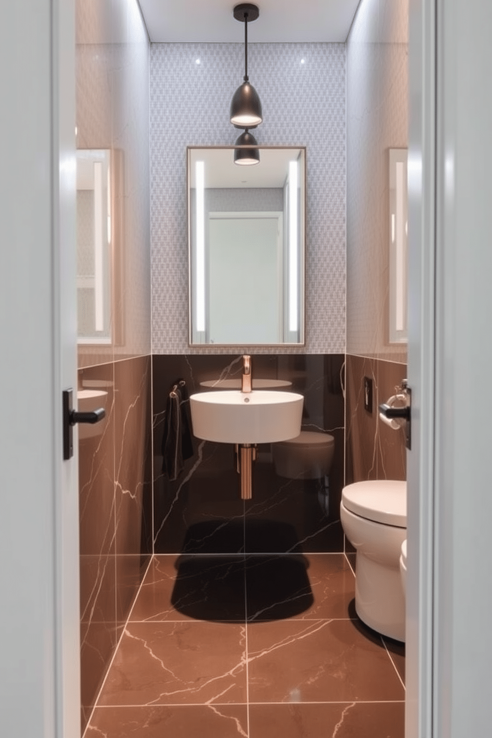 A chic powder room featuring glossy porcelain tiles that reflect light beautifully, enhancing the modern aesthetic. The walls are adorned with a subtle textured wallpaper, complementing the sleekness of the tiles while adding depth to the space.