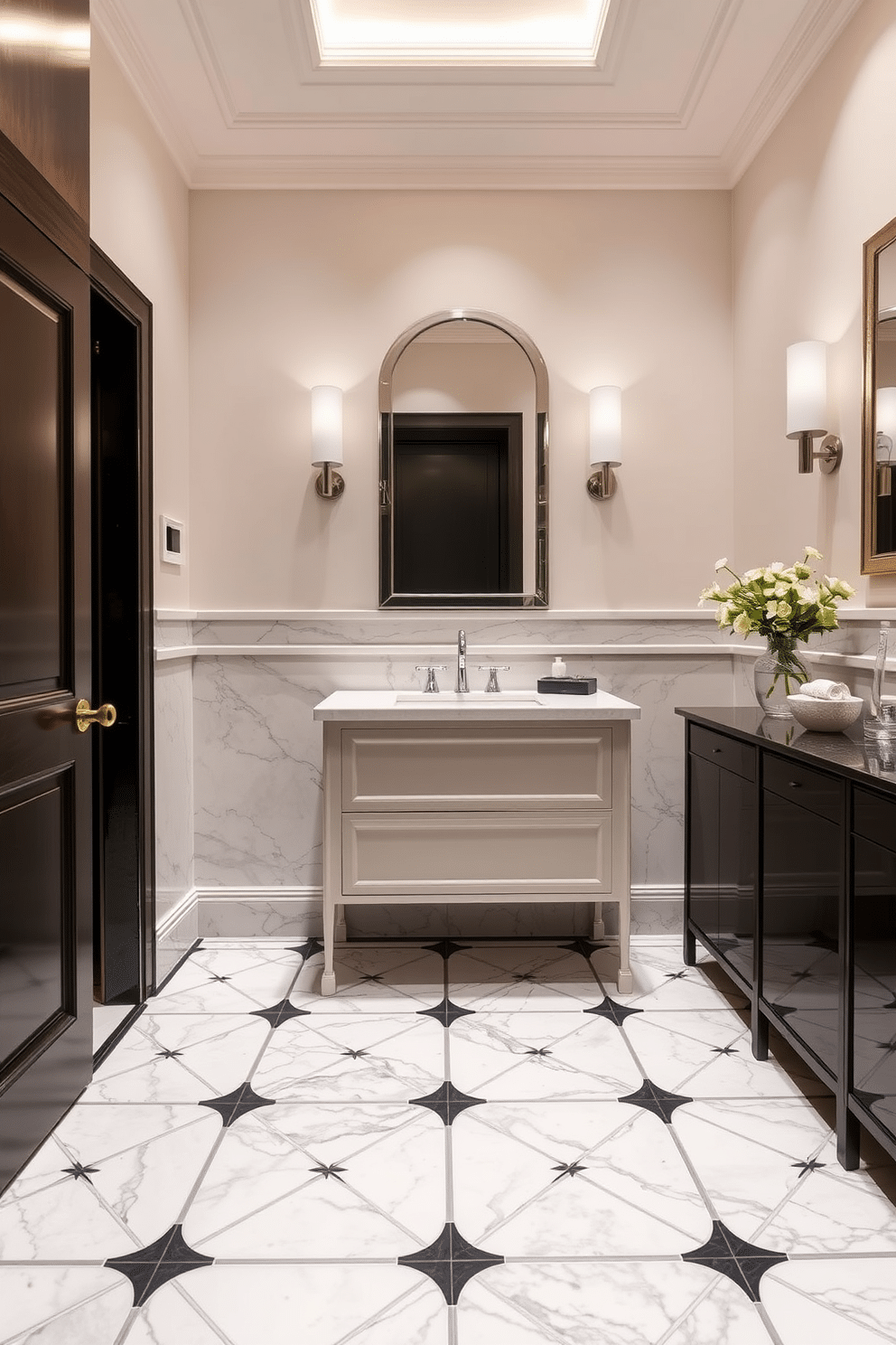 A luxurious powder room featuring elegant marble tiles that exude timeless sophistication. The floor is adorned with a stunning geometric pattern that enhances the space's opulence while providing a classic touch. The walls are painted in a soft, complementary hue that accentuates the beauty of the marble. A sleek, modern vanity with a polished chrome faucet sits atop the tiles, creating a striking contrast and inviting atmosphere.