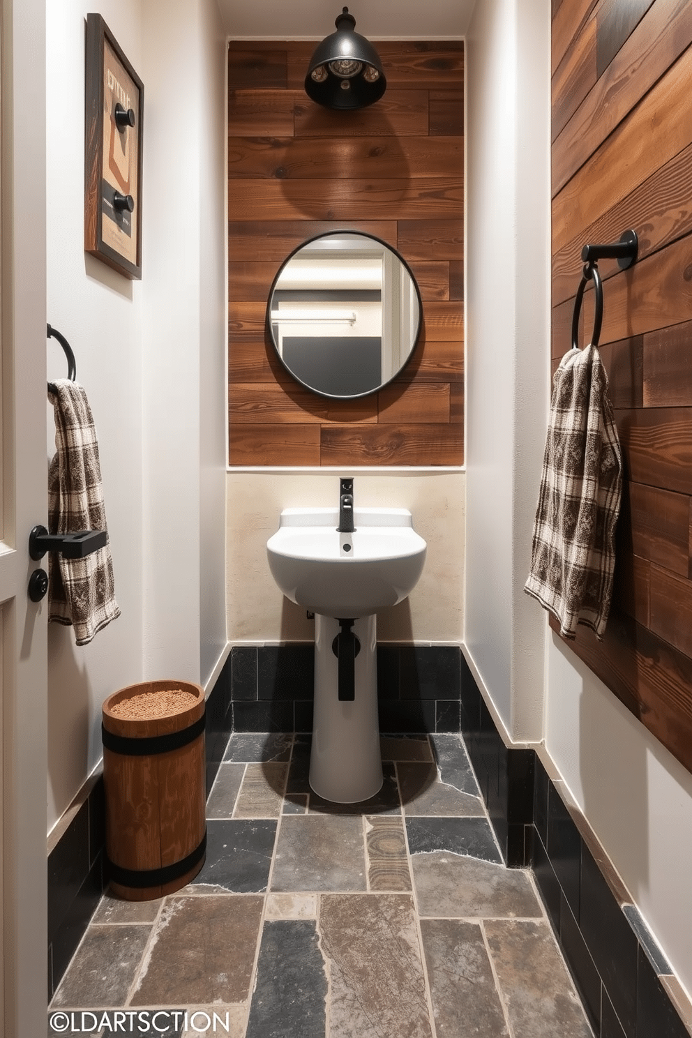 A cozy powder room featuring rustic slate tiles that evoke an earthy feel. The walls are adorned with reclaimed wood paneling, creating a warm and inviting atmosphere.